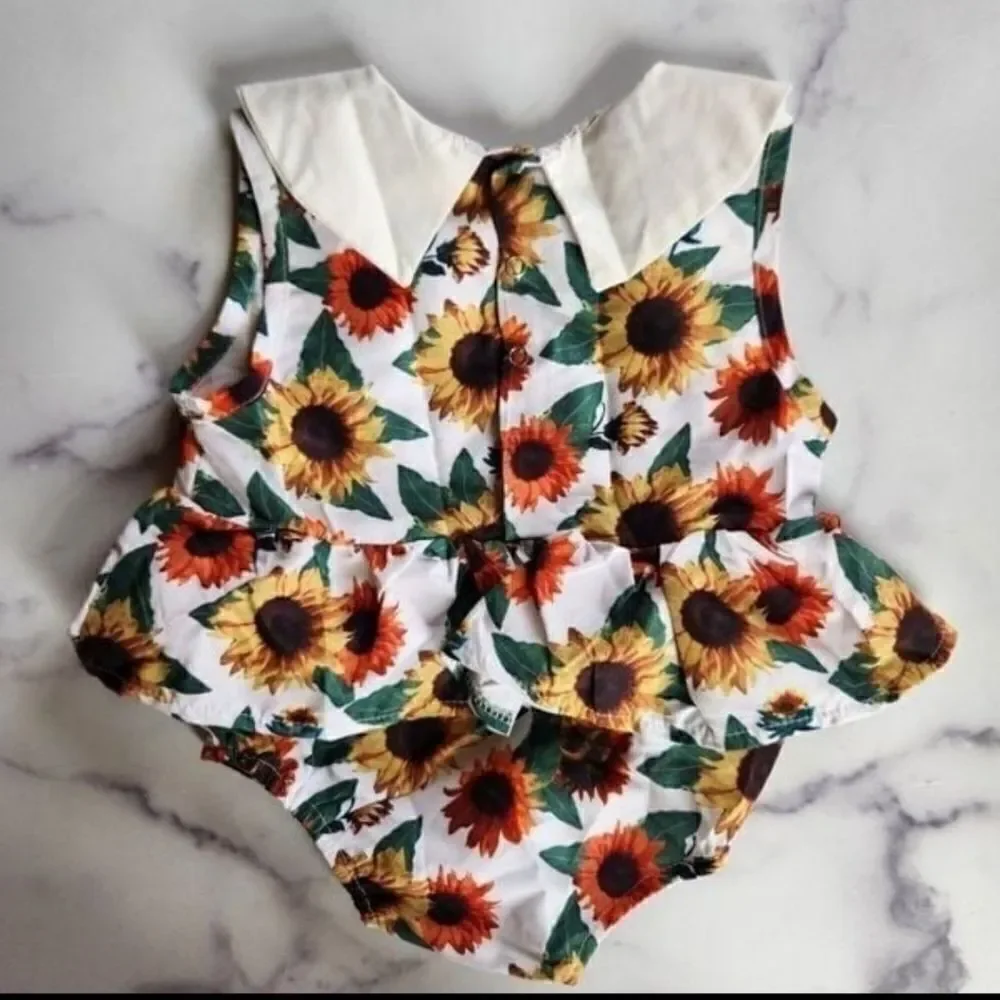Fall ready sunflower top Peter Pan collar bodysuit & velvet emerald bloomers